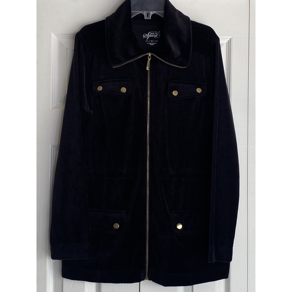 Velvet Velour Jacket Style & Co.  Women's Full Zip Black Gold Buttons Y2K Sz M